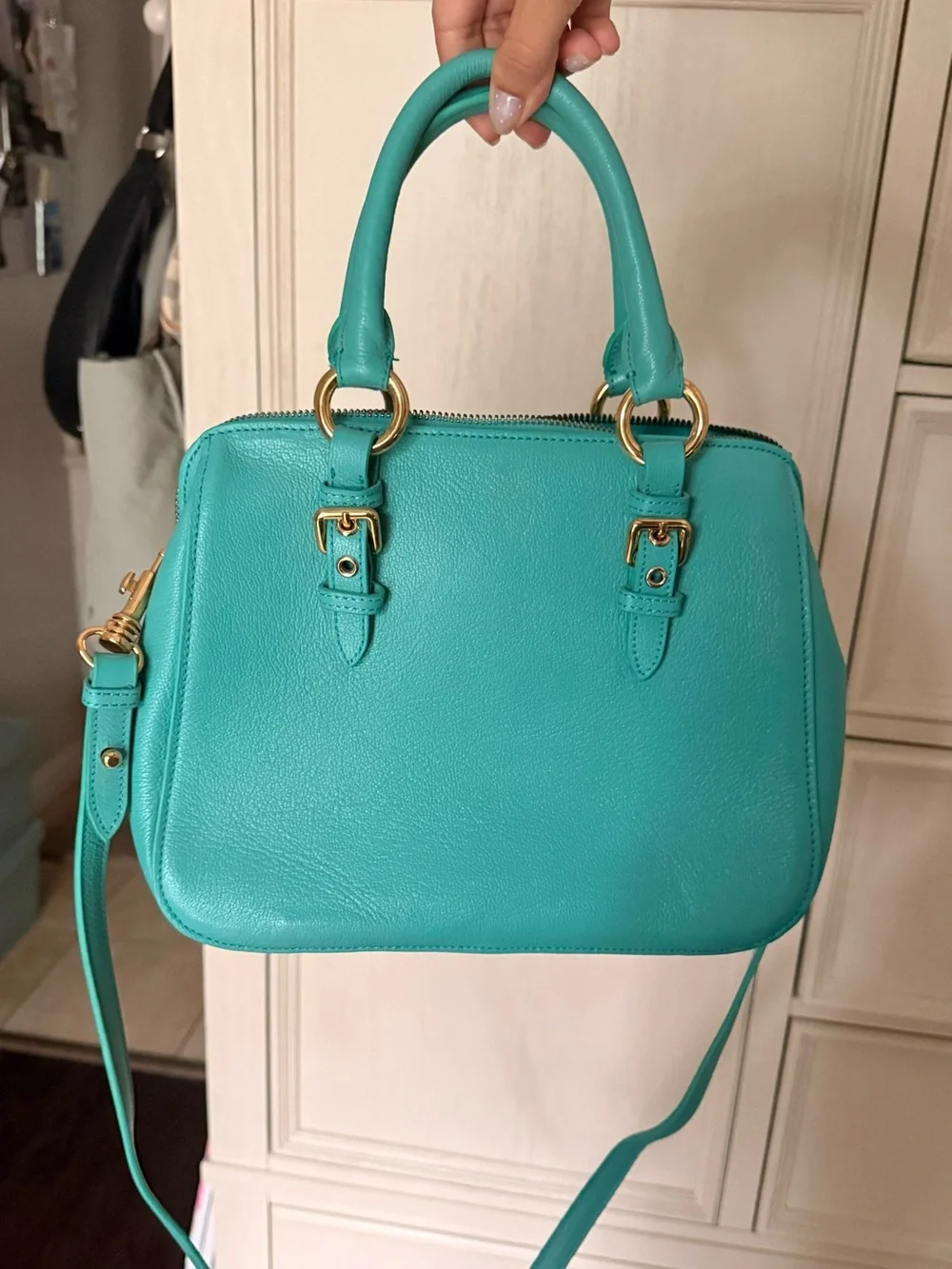 Miu Miu Turquoise Structured Leather Satchel with Gold Hardware